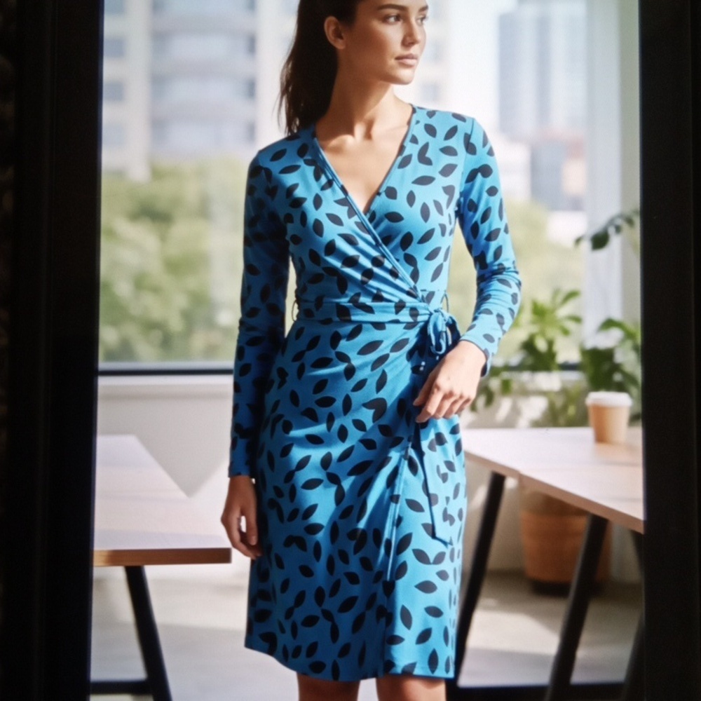 DVF Diane Von Furstenberg Julian Silk Wrap Dress Leaves Teal Size 2 Women